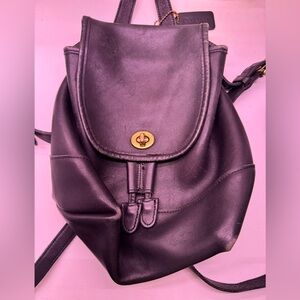 Vintage Coach Daypack Black Leather Backpack Brass Gold Hardware #L9Z-9960